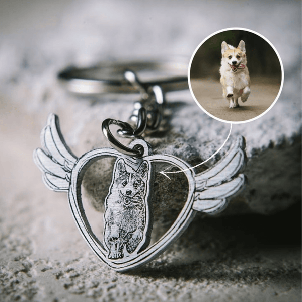 Angel-Wing Heart Shape Pet Photo Engraved Keychain Sterling Silver