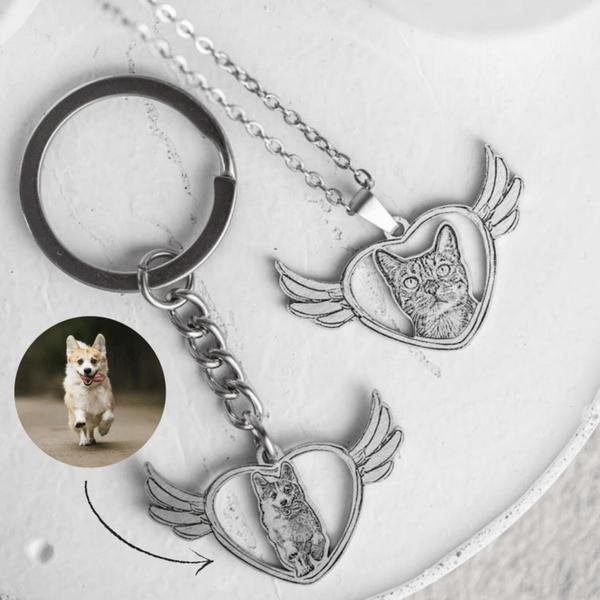 Angel-Wing Heart Shape Pet Photo Engraved Keychain Stainless Steel