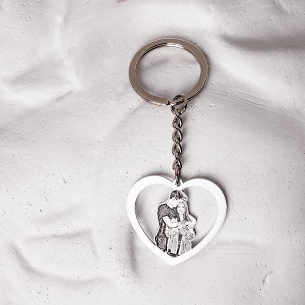 Personalized Heart Shape Couple Photo Keychain Stainless Steel
