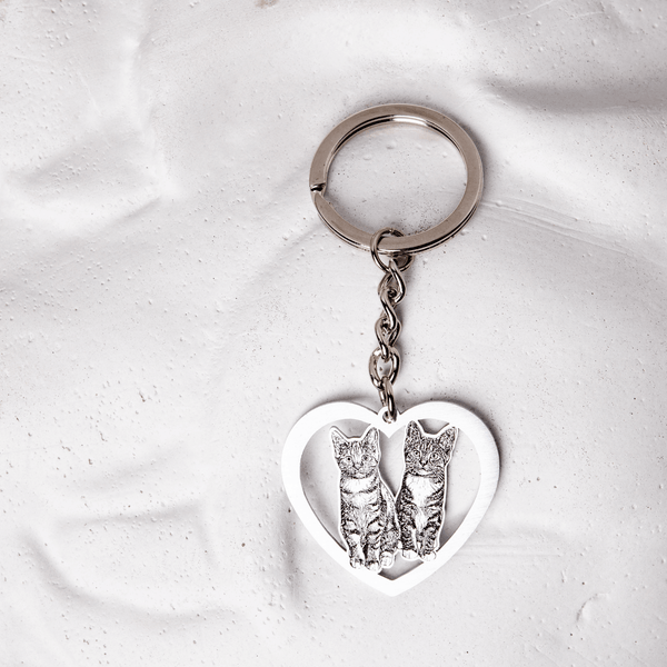 Personalized Heart Shape Pet Photo Engraved Keychain Sterling Silver
