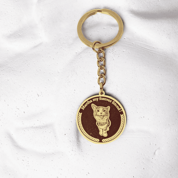 Personalized Medallion Cat Photo Engraved Keychain Titanium Gold
