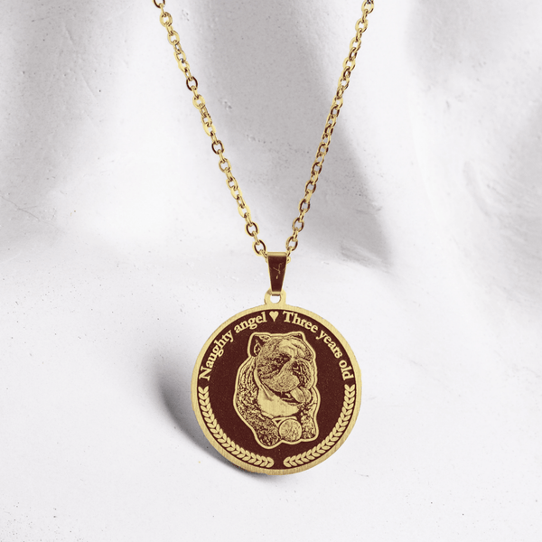 Personalized Medallion Dog Photo Necklace Titanium Gold