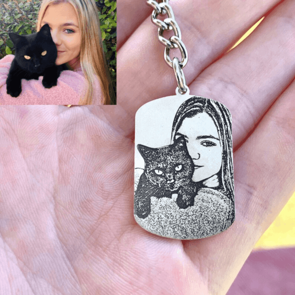 Stainless Steel Dog Tag Photo Engraved Keychain