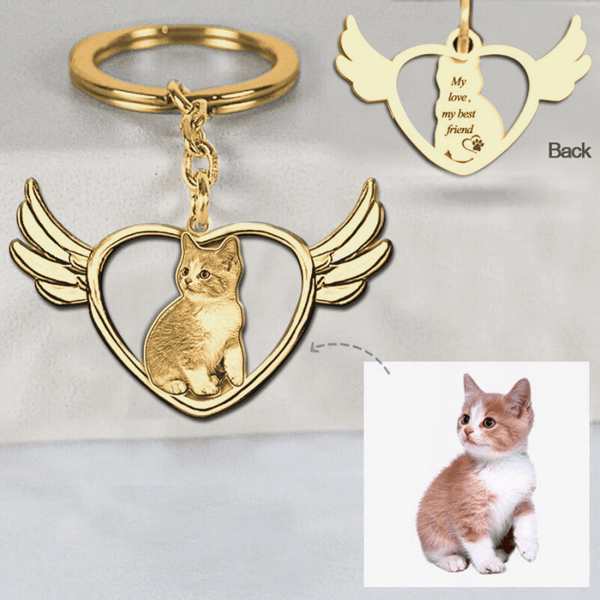 Angel Wing Heart Pet Photo Engraved Keychain Titanium Gold