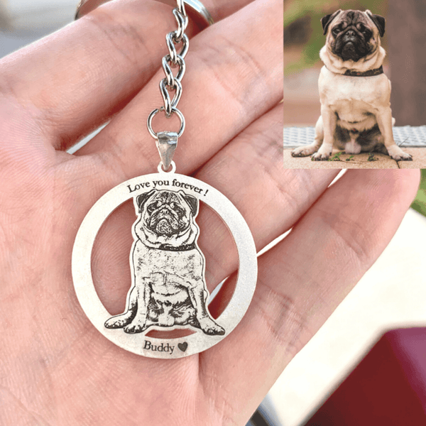 Personalized Circular Pet Photo Engraved Keychain Stainless Steel