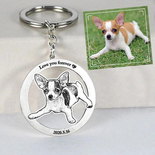Personalized Circular Pet Photo Engraved Keychain Sterling Silver