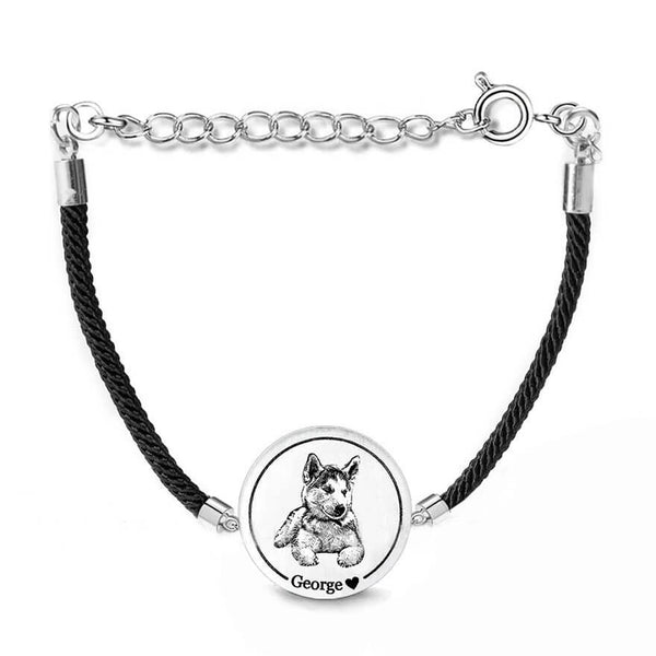 Personalized Medallion Shape Pet Photo Engraved Bracelet  Sterling Silver